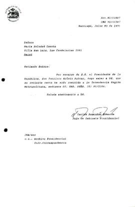 [Informa que carta fue remitida a Intendencia RM, mediante Of. GAB. PRES. (0) 91/2286]