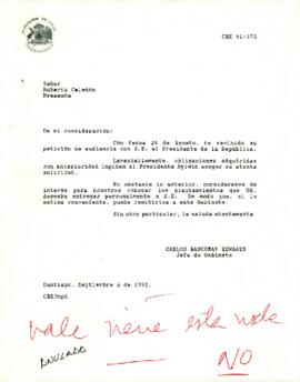 [Carta dirigida a Roberto Celedón acusando recibo de la petición de audiencia con S.E. el Presidente de la República]