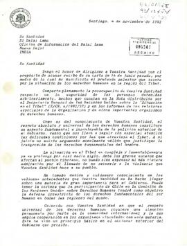 [Respuesta del Presidente Aylwin a Dalai Lama, sobre la participación de Chile en la Comisión de las Naciones Unidas sobre Derechos Humanos]