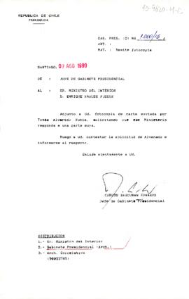 [Carta de Jefe de Gabinete a Ministro del Interior Enrique Krauss solicitando dar respuesta y remitiendo carta  de Sr. Tomás Alvarado]