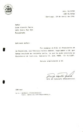 [Informa que carta fue remitida a Ministerio de Justicia, mediante Of. GAB. PRES. (0) 91/1207]