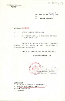 [Carta de Jefe de Gabinete a Director de Gendarmería remitiendo carta de Carlos M. Lira con solicitud de reincorporación al servicio]