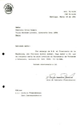 [Informa que carta fue remitida a MINVU, mediante Of. GAB. PRES. (0) 91/806]