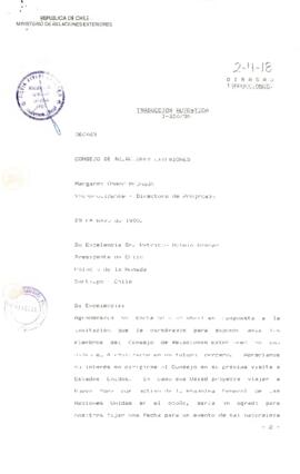Invitación de la Council of Foreign Relations dirigida al Presidente Patricio Aylwin en 1990.