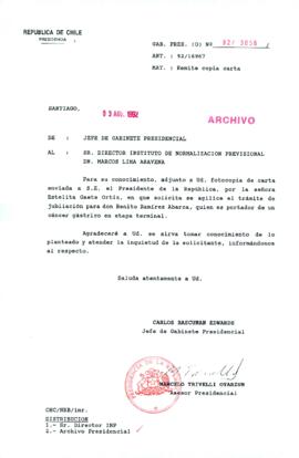 [Oficio Ord. N° 3856 de Jefe de Gabinete Presidencial, remite copia de carta]