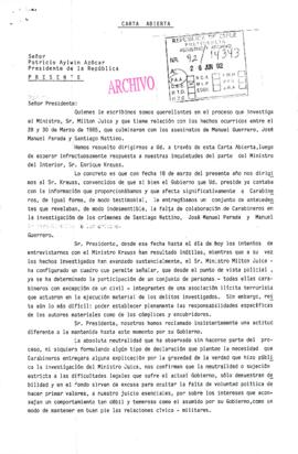 [Carta abierta de querellantes en asesinato de Manuel Guerrero, José Parada y Santiago Natino]