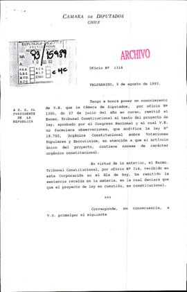 [Oficio N° 1314 de Cámara de Diputados, informa el envío de proyecto de ley al Tribunal Constituc...