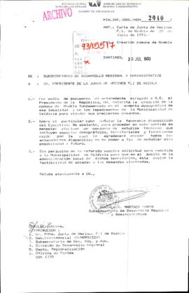 [Oficio Ord. N° 2040 de Subsecretario de Desarrollo Regional, creación comuna de Niebla]
