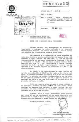 [Oficio Ord.  N° 618 de Vicepresidente Ejecutivo Comsión Chilena del Cobre, informa]