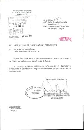 [Oficio Ord. N° 74 de Jefe División de Planificación y Presupuesto, situación edificio Liceo de Rengo]