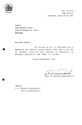 [Informa que carta fue remitida a Ministerio de Economía, mediant e Of. GAB. PRES. (0) 91/1898]