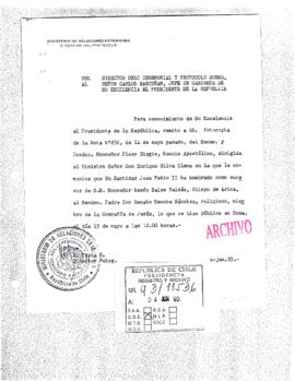 [Carta por proclamación del Vaticano en que designa como Obispo de Arica al Padre Renato Hasche S...