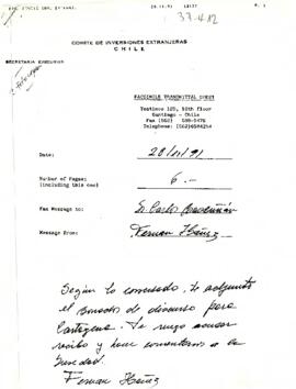 [Fax para Carlos Bascuñan de Comité de inversiones extranjeras de Chile ]