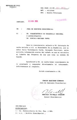 [Oficio Gab. Pres. Ord. N° 3855 de  Jefe de Gabinete Presidencial, remite copia de carta que se indica]