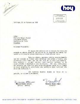 Carta desde la Revista Hoy, de su Editora General, sra. Mónica Blanco Cristi y su Director, sr. Marcelo Rozas López, dirigida al Señor Patricio Aylwin Azócar