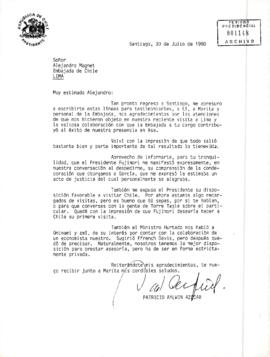 [Carta del Presidente Aylwin al Embajador de Chile en Perú, enviando agradecimientos por las atenciones recibidas en su visita a Lima].
