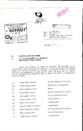 [Oficio Ord. Nº 012/91 de Ministra Directora de SERNAM, adjunta nómina de candidatas al  Consejo Asesor del Servicio]