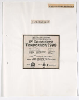 Publicidad de concierto: Instituto de música de Santiago. Instituto Cultural de providencia. Ocho conciertos temporada 1998.