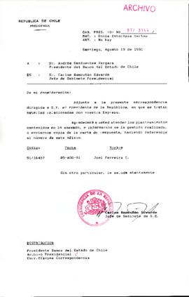 [Se adjunta correspondencia a Presidente del Banco del Estado de Chile]