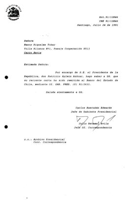 [Carta de respuesta por remisión de correspondencia enviada al Presidente, redirigiéndola al Banco del Estado de Chile ]
