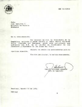 Carta de Carlos Bascuñán Edwards, Jefe de Gabinete Presidencial, a Juan Hamilton D., Ministro de Minería, sobre solicitud de audiencia del diputado Héctor Olivares Solís
