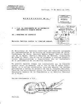 Memorándum Nº49 Del Ministro de Justicia A S.E. El Presidente de la República Don Patricio Aylwin Azócar