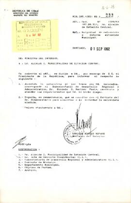 Min. Int. (Ord) N° A 233 de : Ministro del Interior A : sr. Alcalde I. Municipalidad de Estación Central