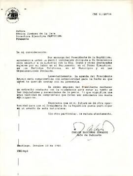 Carta de Carlos Bascuñán Edwards, Jefe de Gabinete Presidencial, a Mónica Jiménez de la Jara, Directora Ejecutiva de PARTICIPA, sobre invitación al Presidente de la República a almuerzo con destacadas mujeres y visita de Corinne C. “Lindy” Boggs