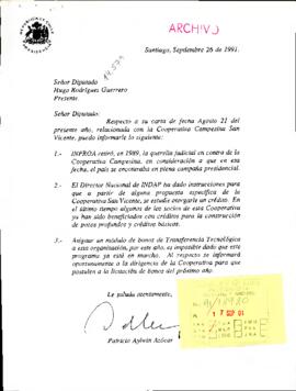[Carta de respuesta a Diputado Hugo Rodríguez sobre Cooperativa Campesina San Vicente ]