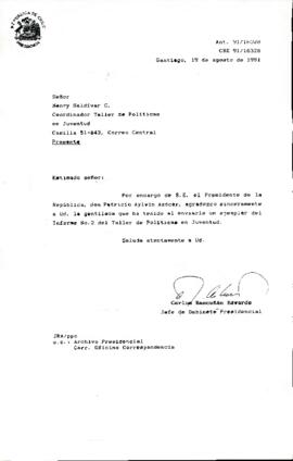 [Carta de respuesta a Coordinador taller de políticas en juventud acusando recibo de informe n°2 de dicho taller]