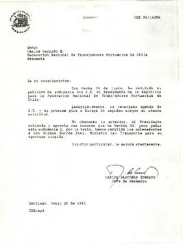 Carta de Carlos Bascuñán Edwards, Jefe de Gabinete Presidencial, a Carlos Garrido Estrada, presidente de la Federación Nacional de Trabajadores Portuarios de Chile, sobre solicitud de audiencia