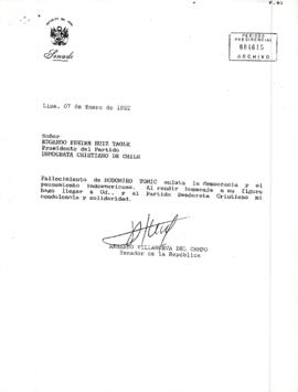 [Carta del Senador de la Republica del Perú al Presidente del Partido Demócrata Cristiano, respecto a muerte de Rodomiro Tomic].