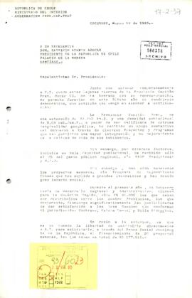 Carta desde la Gobernación Prov. Capitán Prat, del Gob. Provincial, sr. José Nelson Barría Navarro, dirigida a Don Patricio Aylwin Azócar, Presidente de la República de Chile