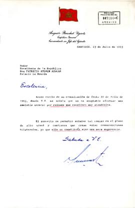 Carta de Augusto Pinochet Ugarte, Capitán General Comandante en Jefe del Ejército, dirigida al Señor Presidente de la República Don Patricio Aylwin Azócar