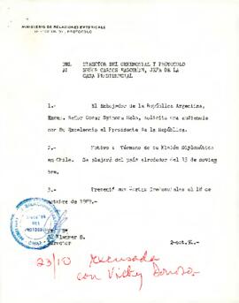 Carta del Director del Ceremonial y Protocolo, Ministerio de Relaciones Exteriores, C. Klammer B., a Carlos Bascuñán, Jefe de la Casa Presidencial, sobre solicitud de audiencia del Embajador de Argentina por término de misión diplomática