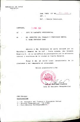 carta enviada por el Secretario General de la CUT - Punta Arenas, don Orlando Mansilla S.,