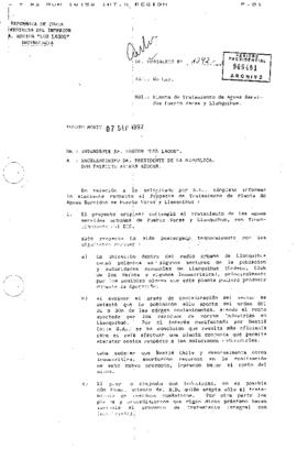 Oficio Ordinario Nº1292 del Sr. Rabindranath Quinteros Lara, Intendente Regional de la X Región de Los Lagos, dirigido a S.E. el Presidente de la República, don Patricio Aylwin Azócar, sobre el proyecto Planta de Tratamiento de Aguas Servidas de Puerto Varas y Llanquihue