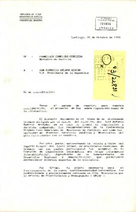 Carta oficial enviada por Francisco Cumplido Cereceda, Ministro de Justicia, dirigida al Presidente Patricio Aylwin