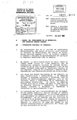 Carta [Ord. Nº 1317/2511] enviada por el Intendente Regional de Tarapacá, sr. Nelson Garrido Álvarez, dirigida al Presidente de la República, Don Patricio Aylwin Azócar