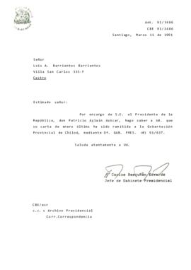 Carta remitida a la Gobernación Provincial de Chiloé