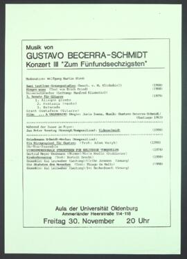 Programa de mano y notas del concierto "Musik von Gustavo Becerra-Schmidt - Konzert III: Zum Fünfundsechzigsten