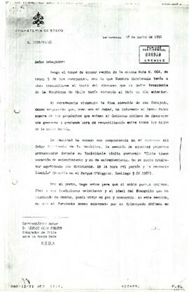 Fax desde la Secretaría de Estado de la Santa Sede en Roma, del Pro-secretario de Estado, sr. Angelo Sodano, dirigida al Excelentísimo Señor D. Sergio Ossa Pretot, Embajador de Chile ante la Santa Sede