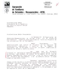 La Agrupación de Familiares de Detenidos – Desaparecidos (AFDD) envían carta al presidente de la república con el fin de manifestarle las preocupaciones en torno al proyecto de Ley enviado por el gobierno.