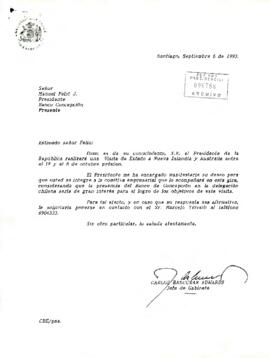 Carta de Carlos Bascuñán Edwards, Jefe de Gabinete, dirigida al Señor Manuel Feliú J., Presidente Banco Concepción