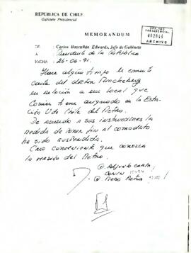 Carta de Carlos Bascuñán Edwards a Patricio Aylwin Azócar, con relación a situación de comodato y asignación de bienes al Metro