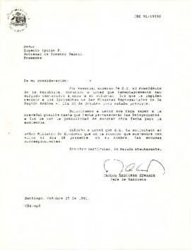 Carta de Carlos Bascuñán Edwards, Jefe de Gabinete Presidencial, a Eugenio Ipinza, Sociedad de Fomento Fabril, sobre audiencia para dirigentes de las Misiones Empresariales de la Región Andina