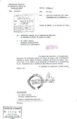 [Oficio Ord. N° 316 de Corporación Municipal de Desarrollo Social de Calera de Tango, solicita fotografía del Presidente]