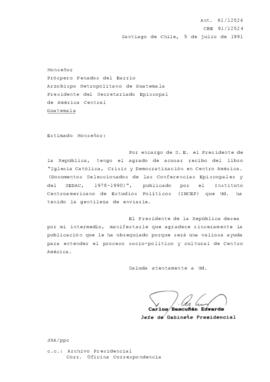 [Carta de respuesta a Arzobispo Metropolitano de Guatemala acusando recibo de libro sobre la Iglesia Católica]