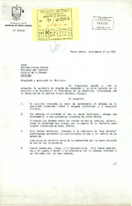 Carta del Obispo de Punta Arenas, Tomás González Morales, al Ministro del Interior, Enrique Krauss Rusque, agradeciéndole por responder a la carta enviada por el suscrito a su Excelencia, el Presidente de la República, relacionada con la detención de su sobrino Álvaro González Vásquez