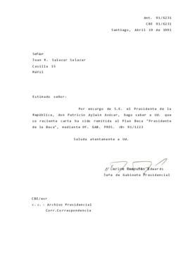 Carta remitida al Plan Beca "Presidente de la Beca"